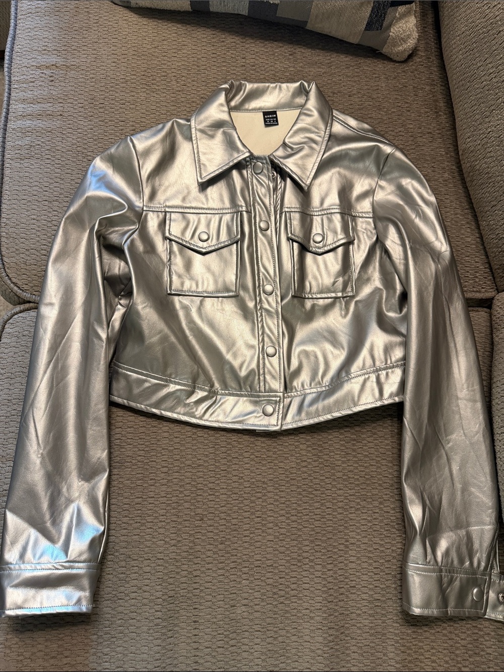 SHEIN Silver Cropped Metallic Jean Jacket